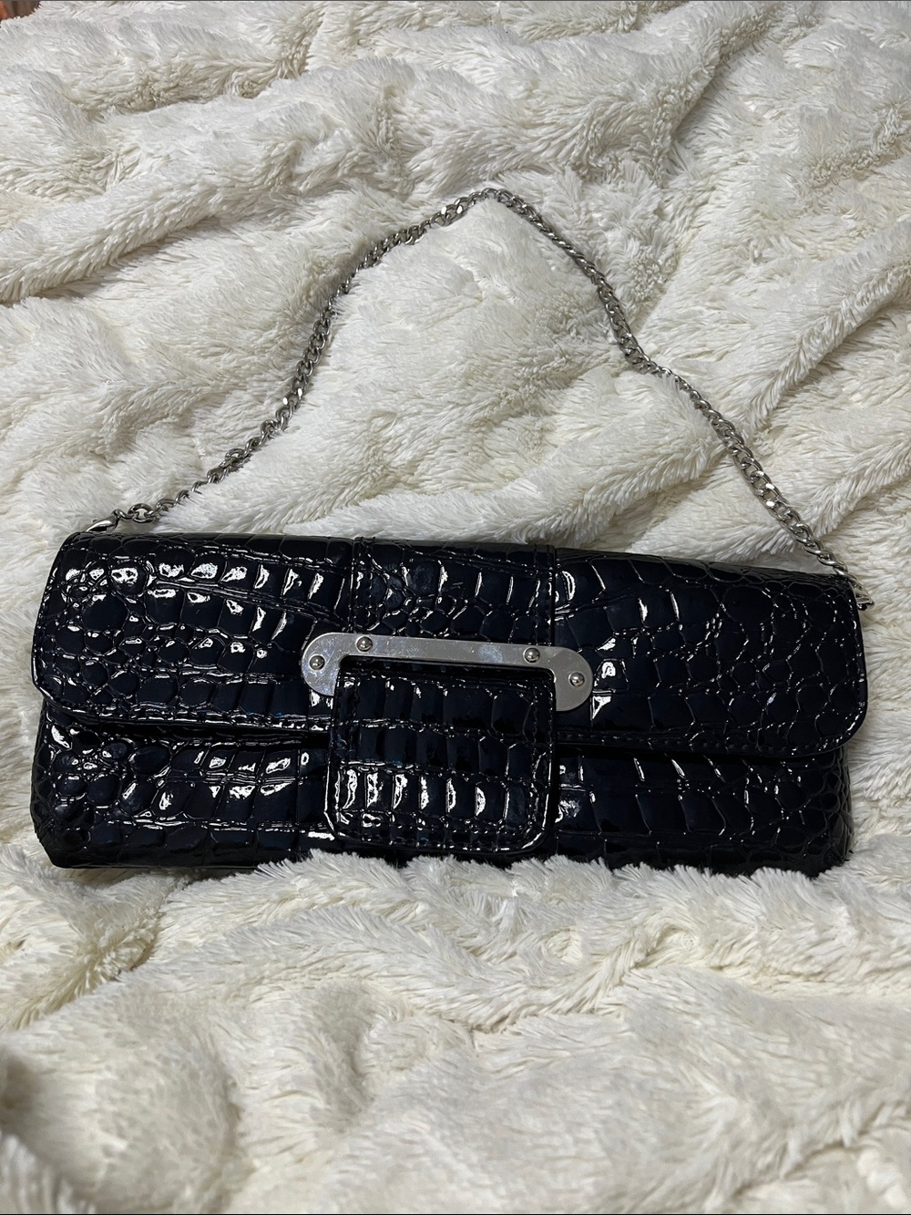 Aldo Black Croc-Embossed Chain Shoulder Clutch
